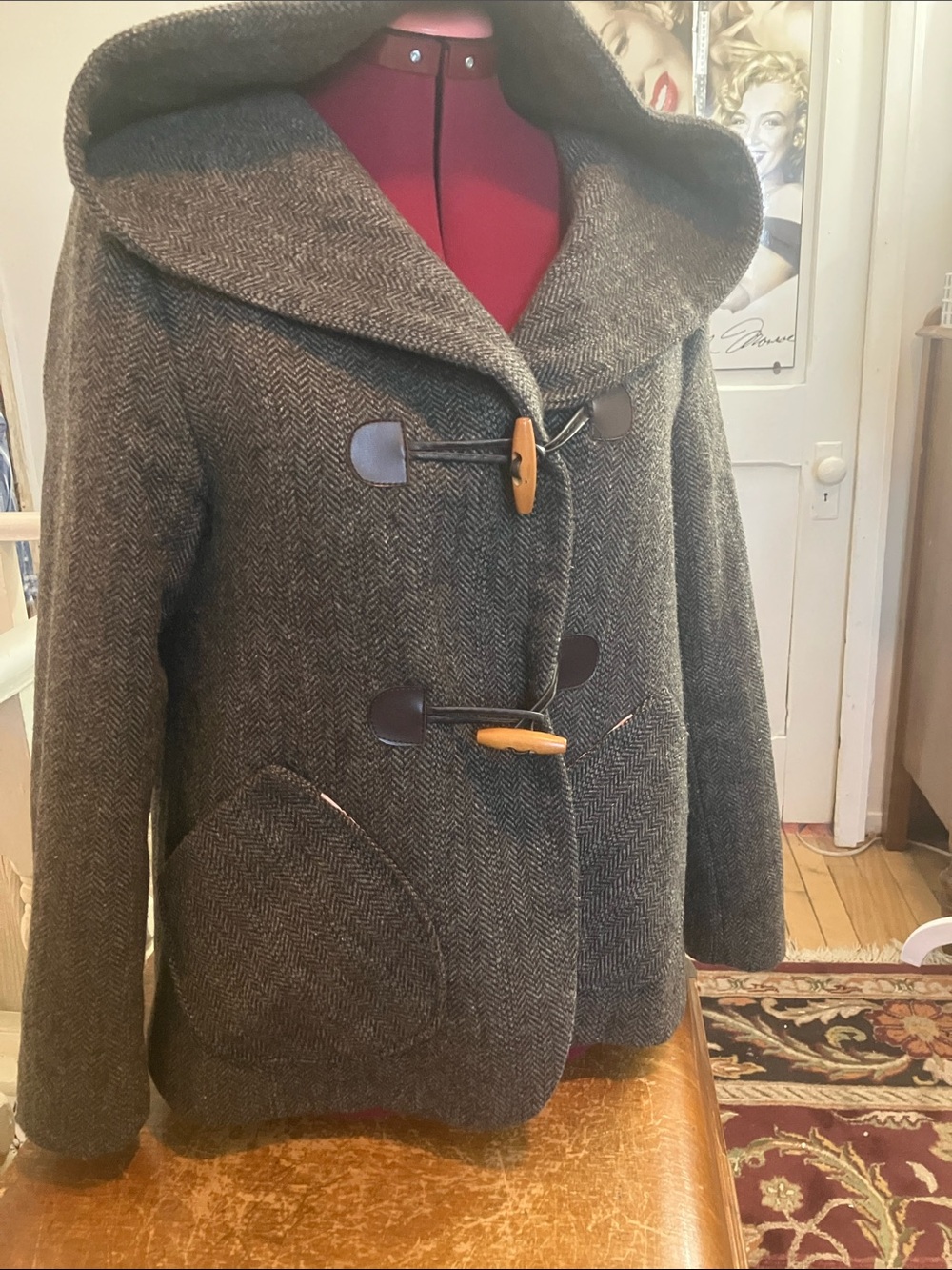 Studio Brown Herringbone Hooded Toggle Pea Coat